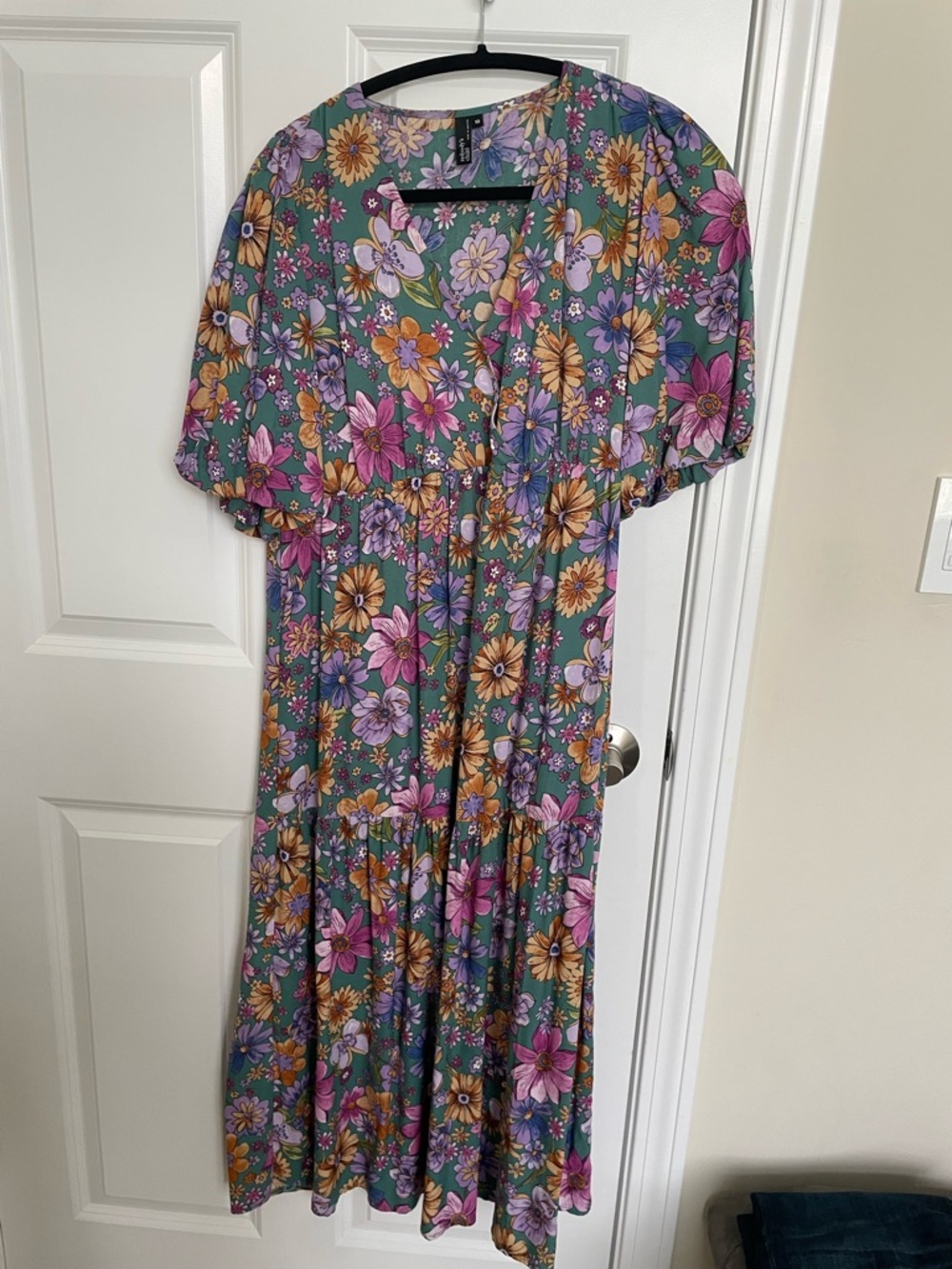 Sage Green Floral Tiered Midi Dress with Flutter Sleeves
